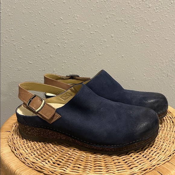 Dansko Merrin Suede Slingback Strap Clog Shoes Navy Brown Leather - Picture 1 of 8